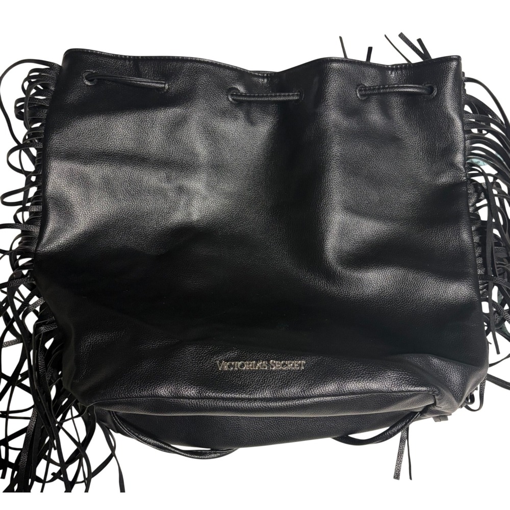 Victorias Secret Black Faux Leather Fringe Drawstring Backpack Bucket Bag Y2K